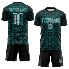 Load image into Gallery viewer, Custom Black Teal-White Geometric Maze Interlocking Square Sports Sublimation Soccer Uniform Jersey
