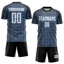 Load image into Gallery viewer, Custom Black White-Light Blue Geometric Maze Interlocking Square Sports Sublimation Soccer Uniform Jersey
