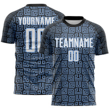 Load image into Gallery viewer, Custom Black White-Light Blue Geometric Maze Interlocking Square Sports Sublimation Soccer Uniform Jersey
