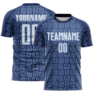 Custom Navy White-Light Blue Geometric Maze Interlocking Square Sports Sublimation Soccer Uniform Jersey