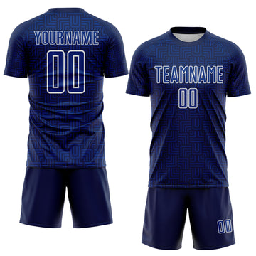Custom Navy Royal-White Geometric Maze Interlocking Square Sports Sublimation Soccer Uniform Jersey