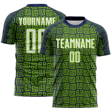 Custom Navy White-Neon Green Geometric Maze Interlocking Square Sports Sublimation Soccer Uniform Jersey