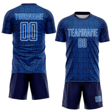 Laden Sie das Bild in den Galerie-Viewer, Custom Navy Blue-White Geometric Maze Interlocking Square Sports Sublimation Soccer Uniform Jersey
