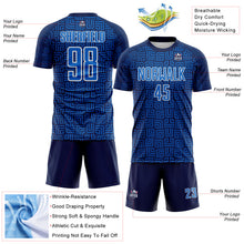 Laden Sie das Bild in den Galerie-Viewer, Custom Navy Blue-White Geometric Maze Interlocking Square Sports Sublimation Soccer Uniform Jersey
