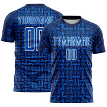 Laden Sie das Bild in den Galerie-Viewer, Custom Navy Blue-White Geometric Maze Interlocking Square Sports Sublimation Soccer Uniform Jersey
