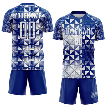 Custom Royal White Geometric Maze Interlocking Square Sports Sublimation Soccer Uniform Jersey