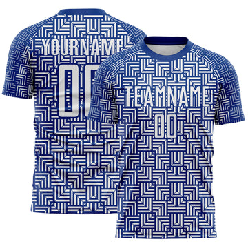 Custom Royal White Geometric Maze Interlocking Square Sports Sublimation Soccer Uniform Jersey