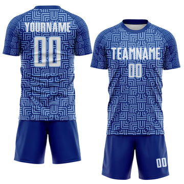 Custom Royal White-Light Blue Geometric Maze Interlocking Square Sports Sublimation Soccer Uniform Jersey