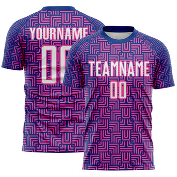 Custom Royal White-Pink Geometric Maze Interlocking Square Sports Sublimation Soccer Uniform Jersey