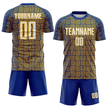 Custom Royal White-Gold Geometric Maze Interlocking Square Sports Sublimation Soccer Uniform Jersey