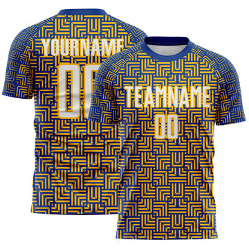 Custom Royal White-Gold Geometric Maze Interlocking Square Sports Sublimation Soccer Uniform Jersey