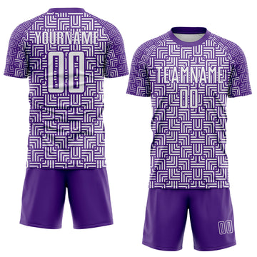 Custom Purple White Geometric Maze Interlocking Square Sports Sublimation Soccer Uniform Jersey