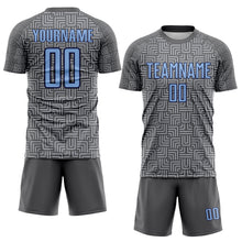 Load image into Gallery viewer, Custom Steel Gray Light Blue Navy-Gray Geometric Maze Interlocking Square Sports Sublimation Soccer Uniform Jersey

