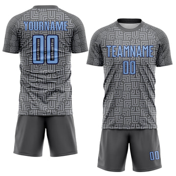 Custom Steel Gray Light Blue Navy-Gray Geometric Maze Interlocking Square Sports Sublimation Soccer Uniform Jersey