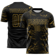 Load image into Gallery viewer, Custom Black Old Gold Lightning Electric Veins Sublimation Soccer Uniform Jersey
