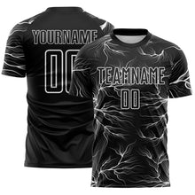 Load image into Gallery viewer, Custom Black White Lightning Electric Veins Sublimation Soccer Uniform Jersey
