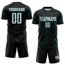 Load image into Gallery viewer, Custom Black White-Teal Lightning Electric Veins Sublimation Soccer Uniform Jersey
