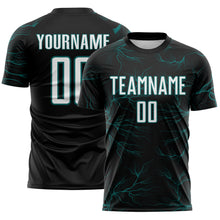 Load image into Gallery viewer, Custom Black White-Teal Lightning Electric Veins Sublimation Soccer Uniform Jersey
