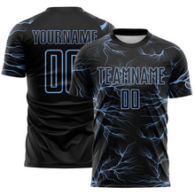 Load image into Gallery viewer, Custom Black Light Blue Lightning Electric Veins Sublimation Soccer Uniform Jersey
