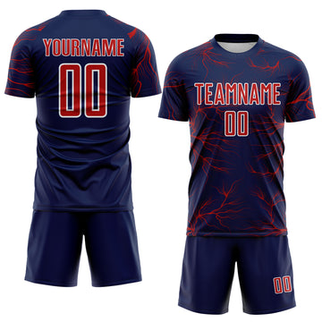 Custom Navy Red-White Lightning Electric Veins Sublimation Soccer Uniform Jersey