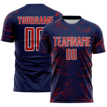 Load image into Gallery viewer, Custom Navy Red-White Lightning Electric Veins Sublimation Soccer Uniform Jersey
