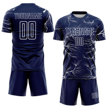 Load image into Gallery viewer, Custom Navy White Lightning Electric Veins Sublimation Soccer Uniform Jersey
