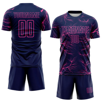 Custom Navy Pink Lightning Electric Veins Sublimation Soccer Uniform Jersey