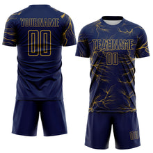 Загрузить изображение в средство просмотра галереи, Custom Navy Old Gold Lightning Electric Veins Sublimation Soccer Uniform Jersey
