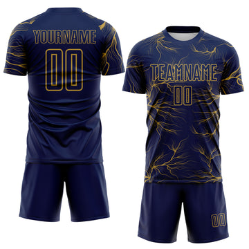 Custom Navy Old Gold Lightning Electric Veins Sublimation Soccer Uniform Jersey