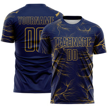 Загрузить изображение в средство просмотра галереи, Custom Navy Old Gold Lightning Electric Veins Sublimation Soccer Uniform Jersey
