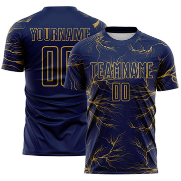 Custom Navy Old Gold Lightning Electric Veins Sublimation Soccer Uniform Jersey