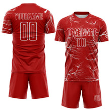 Load image into Gallery viewer, Custom Red White Lightning Electric Veins Sublimation Soccer Uniform Jersey
