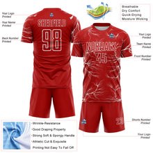 Load image into Gallery viewer, Custom Red White Lightning Electric Veins Sublimation Soccer Uniform Jersey
