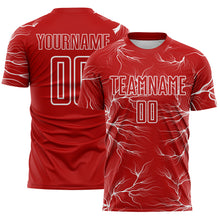 Load image into Gallery viewer, Custom Red White Lightning Electric Veins Sublimation Soccer Uniform Jersey
