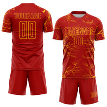 Load image into Gallery viewer, Custom Red Gold Lightning Electric Veins Sublimation Soccer Uniform Jersey

