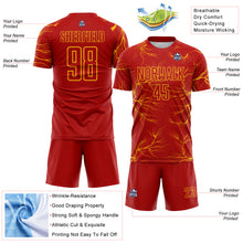 Load image into Gallery viewer, Custom Red Gold Lightning Electric Veins Sublimation Soccer Uniform Jersey
