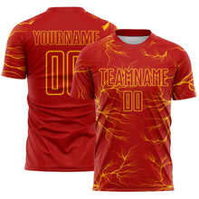 Load image into Gallery viewer, Custom Red Gold Lightning Electric Veins Sublimation Soccer Uniform Jersey
