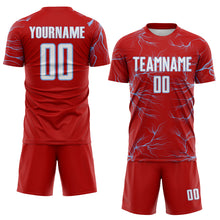 Load image into Gallery viewer, Custom Red White-Light Blue Lightning Electric Veins Sublimation Soccer Uniform Jersey
