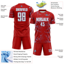 Load image into Gallery viewer, Custom Red White-Light Blue Lightning Electric Veins Sublimation Soccer Uniform Jersey
