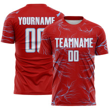 Load image into Gallery viewer, Custom Red White-Light Blue Lightning Electric Veins Sublimation Soccer Uniform Jersey
