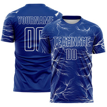 Load image into Gallery viewer, Custom Royal White Lightning Electric Veins Sublimation Soccer Uniform Jersey
