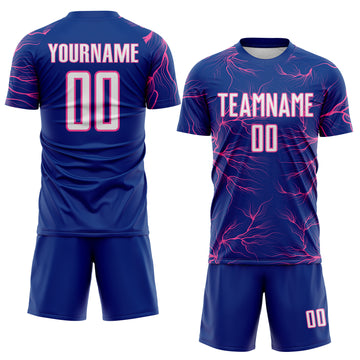 Custom Royal White-Pink Lightning Electric Veins Sublimation Soccer Uniform Jersey