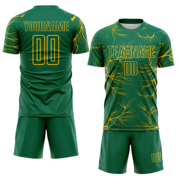Custom Kelly Green Gold Lightning Electric Veins Sublimation Soccer Uniform Jersey