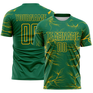 Custom Kelly Green Gold Lightning Electric Veins Sublimation Soccer Uniform Jersey