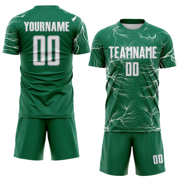 Custom Kelly Green White-Gray Lightning Electric Veins Sublimation Soccer Uniform Jersey