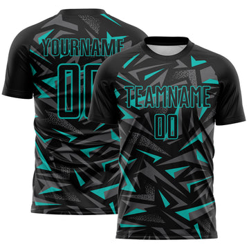 Custom Black Aqua-Steel Gray Cyber Mecha E-sport Geometric Shards Spike Sublimation Soccer Uniform Jersey