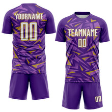 Загрузить изображение в средство просмотра галереи, Custom Purple White Old Gold-Medium Purple Cyber Mecha E-sport Geometric Shards Spike Sublimation Soccer Uniform Jersey
