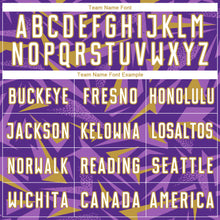 Загрузить изображение в средство просмотра галереи, Custom Purple White Old Gold-Medium Purple Cyber Mecha E-sport Geometric Shards Spike Sublimation Soccer Uniform Jersey
