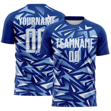 Charger l'image dans la galerie, Custom Royal White-Light Blue Cyber Mecha E-sport Geometric Shards Spike Sublimation Soccer Uniform Jersey
