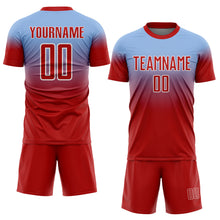Charger l'image dans la galerie, Custom Light Blue Red-White Fade Fashion Sublimation Soccer Uniform Jersey
